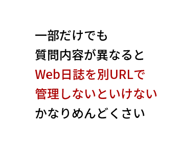 一部だけでも
質問内容が異なると
Web日誌を別URLで
管理しないといけない
かなりめんどくさい
